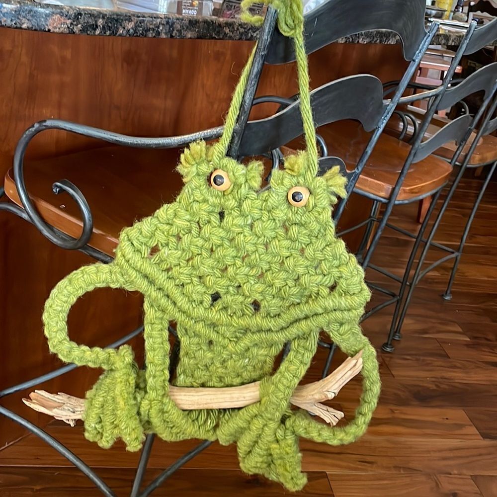 Handmade Large Macrame Frog on Driftwood